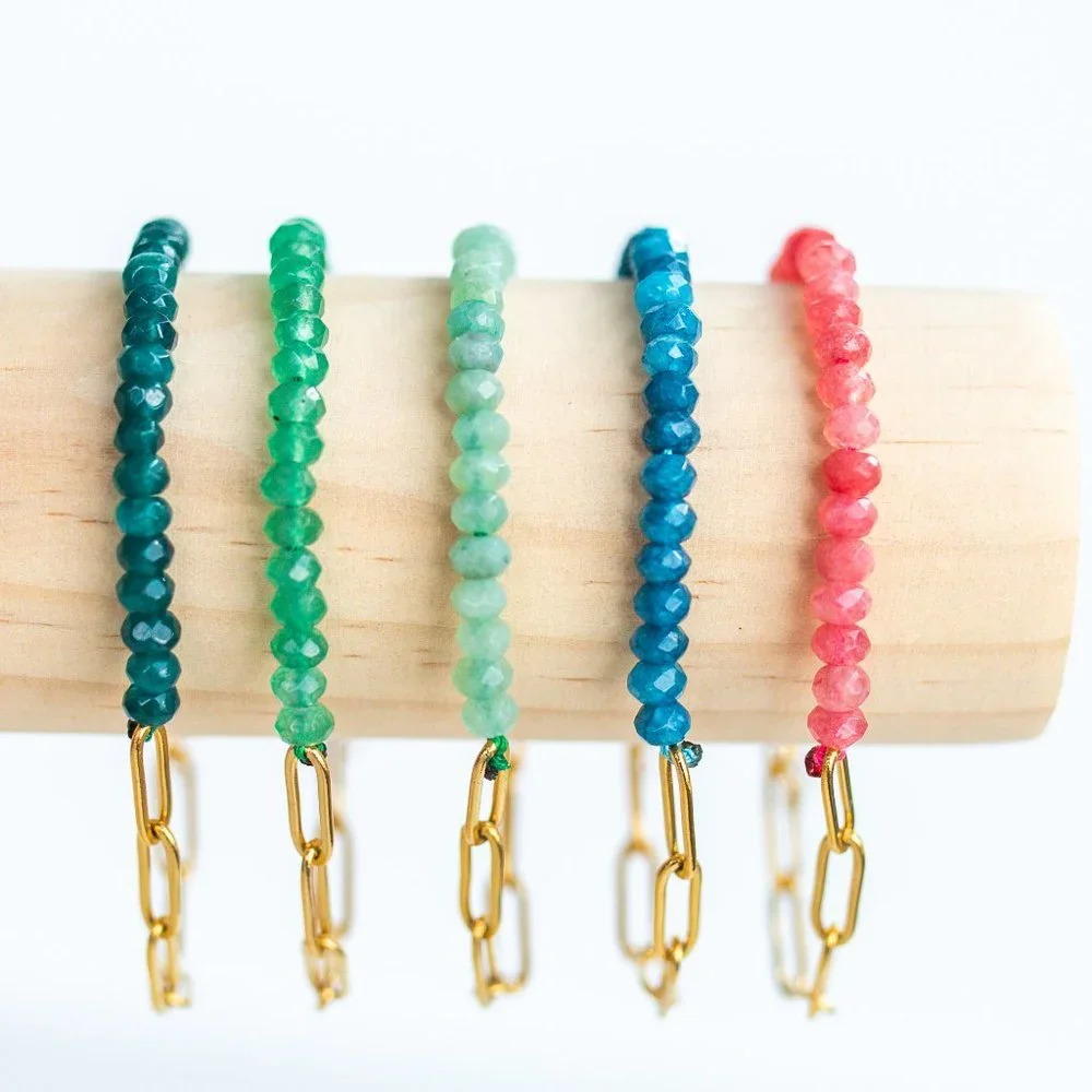 Half Blue Apatite Beaded Gemstone Bracelet Half Gold Paperclip Chain WATERPROOF - Picture 4 of 8